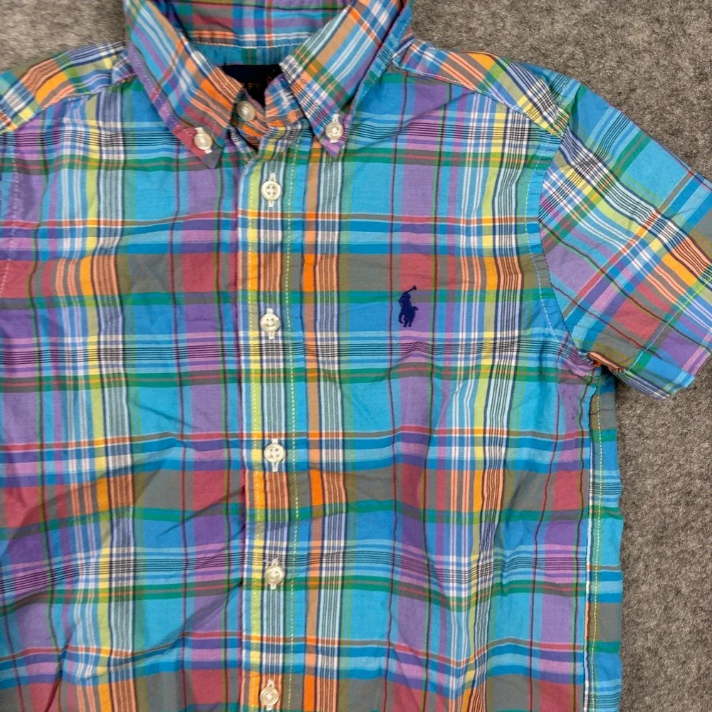 Ralph Lauren Button Down Shirt Boys Size 4 Multicolor Plaid Short Sleeve Cotton